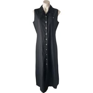 Valerie Stevens Pure Linen Dress Maxi Sleeveless Button Front Black Medium